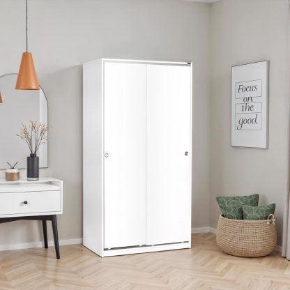 Adore Matt White Sliding 2 Door Wardrobe – Half Hanging, Half Shelves