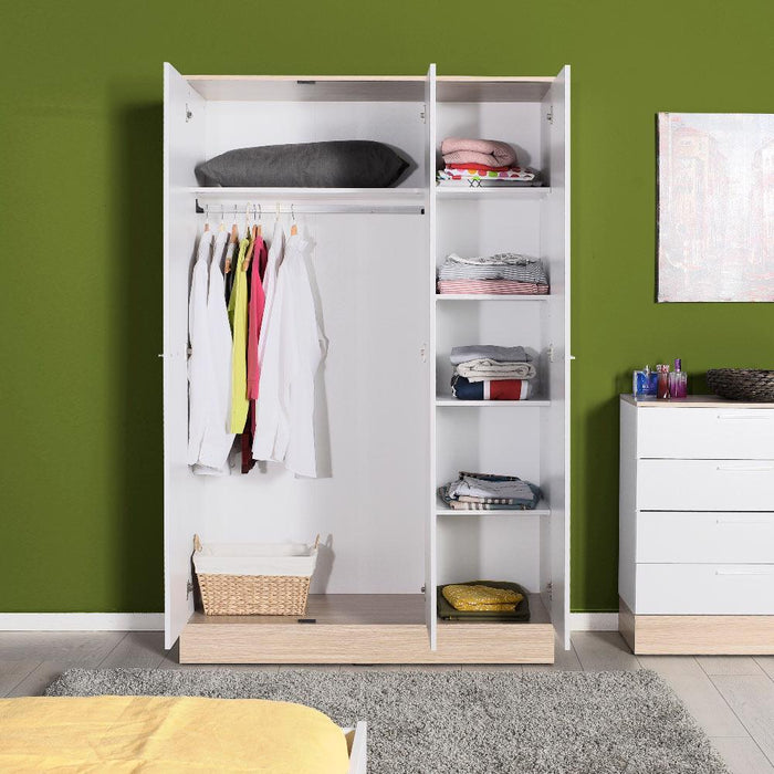 Adore Teen White & Oak 3 Door Wardrobe with Shelves