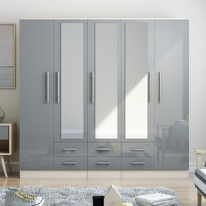 Reflections 5 Door, 6 Drawer, Mirrored, High Gloss Wardrobe, Grey