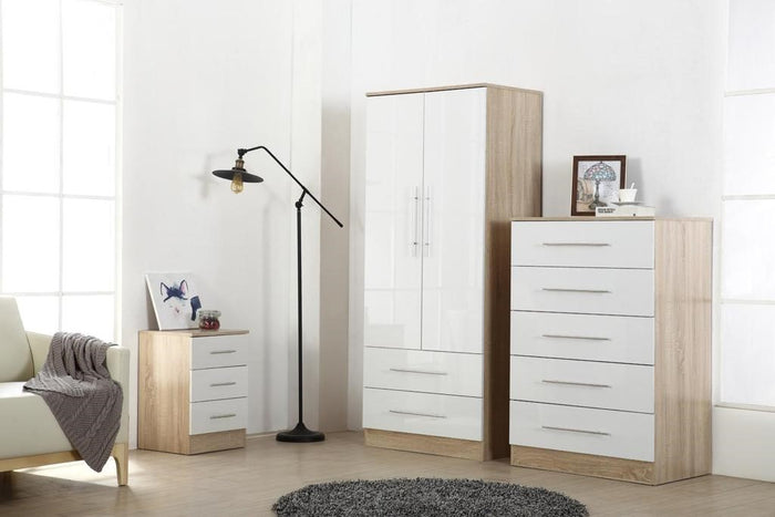 Reflections Trio Bedroom Set, High Gloss Wardrobe, Drawers and Bedside