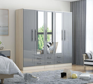 Reflections 5 Door, 6 Drawer, Mirrored, High Gloss Wardrobe, Grey