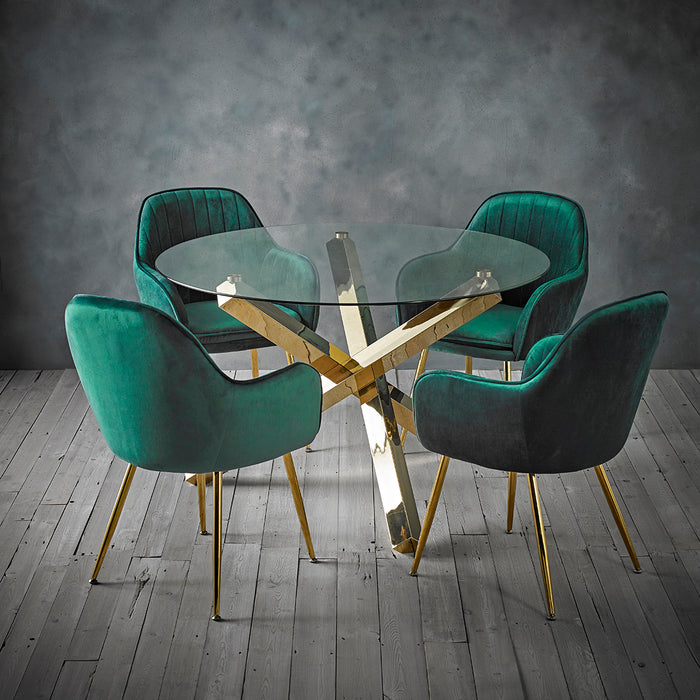 Capri Glass and Gold Dining Table + 4 Lara Chairs in Forest Green