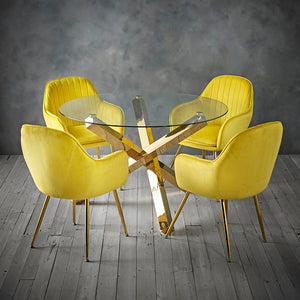 Capri Glass and Gold Dining Table + 4 Lara Chairs in Ochre Yellow