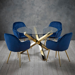Capri Glass and Gold Dining Table + 4 Lara Chairs in Royal Blue