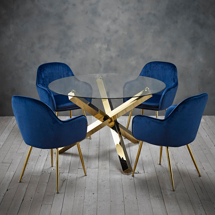 Capri Glass and Gold Dining Table + 4 Lara Chairs in Royal Blue