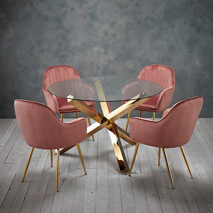 Capri Glass and Gold Dining Table + 4 Lara Chairs in Vintage Pink